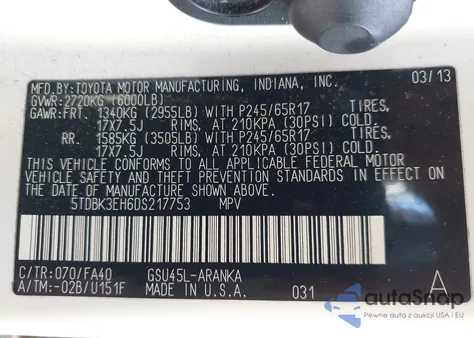 2013 Toyota Highlander Base Plus V6 from USA, damaged, VIN 5TDBK3EH6DS217753